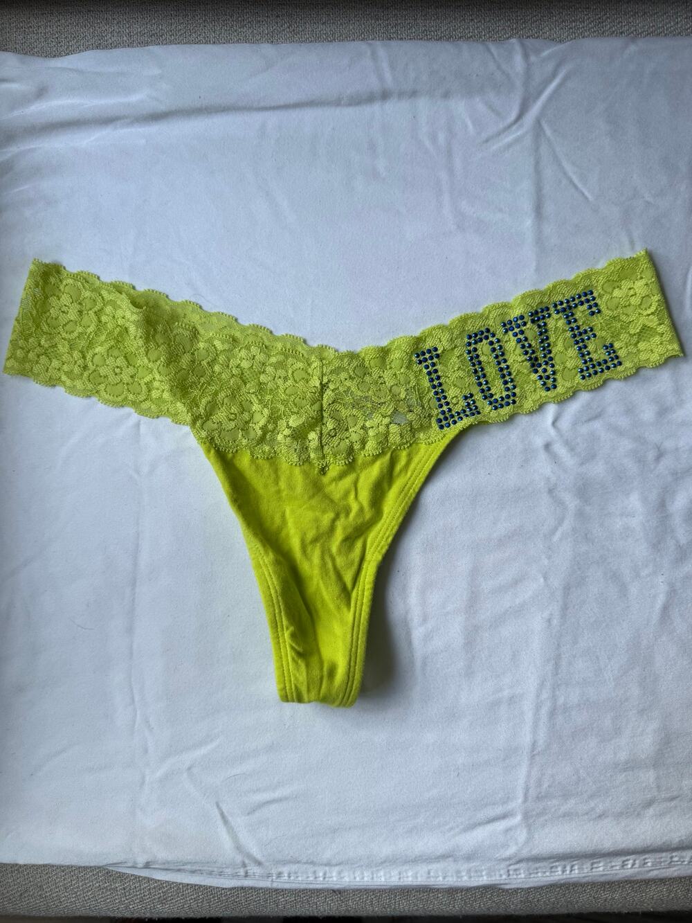 NWOT Vintage Rampage Neon Yellow Lace Thong Panty LOVE Rhinestone Back Size L